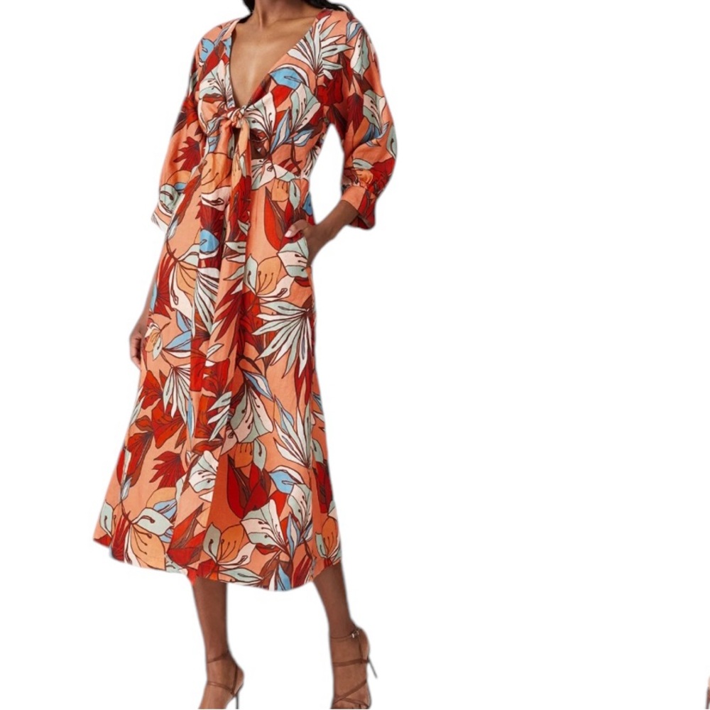 $500 NICHOLAS Women Asilah Orange Printed Linen Hourglass Dress Tie-Front Size 8
